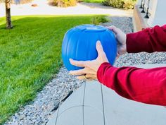 a person holding a large blue pumpkin in their hand on the side of a house