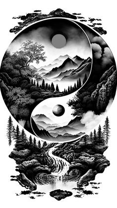 a yin - yang painting with mountains, trees and water in the middle of it