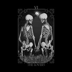 two skeletons standing next to each other in front of a black and white background with the words, vi