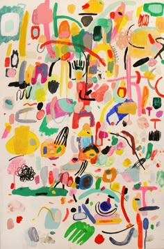 an abstract painting with lots of different colors and shapes on it's white background