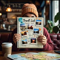 a woman holding up a travel list with pictures on it and a cup of coffee in front of her