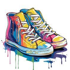 a pair of colorful shoes sitting on top of a floor covered in watercolor paint