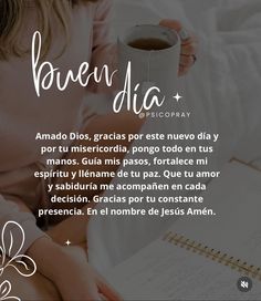 a woman holding a cup of coffee in her hand with the words laven dia written