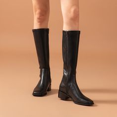 This classic long boot features a square toe cap and a thick heel. The side zipper design makes wearing /taking off easier. It's worth having in your wardrobe. Upper: Cow Leather + PU Lining: 100% Pigskin Insole: 100% Pigskin Outsole: 100% Rubber Heel Height: 4.3 cm Weight: 1.5kg Long Boots For Women, Leather Long Boots, Long Leather Boots, Sacs Tote Bags, Leather Knee High Boots, Aesthetic Shoes, Knee High Leather Boots, Classic Boots, Hangzhou