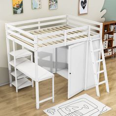 a white loft bed with stairs and desk in the corner, next to a rug