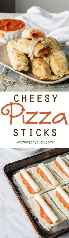 cheesy pizza sticks on a baking sheet and in a pan with the words cheesy pizza sticks