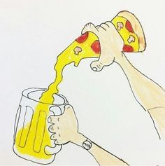 a drawing of two hands holding a glass with pizza and orange juice being poured into it