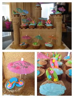 some cupcakes and cakes with umbrellas on them in front of a sand castle