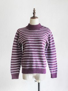 "purple/gray striped sweater with button neck. buttons are newly replaced. material is slightly itchy. label: Raspberry material: wool condition: excellent size: fits S best shoulder 15.5\" bust 36\" sleeve 23\" length 23\" *PLEASE PROVIDE CONTACT NUMBER UPON CHECKOUT, THANK YOU!*" Affordable Purple Knit Sweater, Dazy Atgyle Patten Drop Shoulder Jumper Shien Purple, San Purple Sweater, Bdg Purple Sweater, Green Turtleneck Sweater, Green Turtleneck, Slacks For Women, Violet Grey, Dressing Well