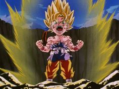 the dragon ball character is in action with his fists out and eyes wide open, as he