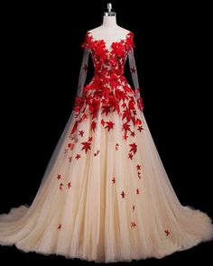 Wedding Dress Red And White, Autumn Ball Dress, White And Red Ball Gown, Gold And Red Wedding Dress, Red And White Ball Gown, White And Red Gown, Maple Embroidery, Red And White Gown, Red And White Wedding Dress