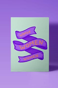 a card with the words women written on it and purple ribbon around it in front of a green background