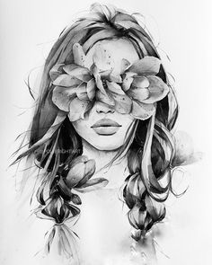 a drawing of a woman with flowers in her hair