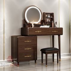 a dressing table with a mirror and stool