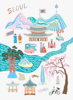 Korean Illustration, Travel Infographic, Travel Card, Art Exhibits, Flat Vector Illustration, Korean Design