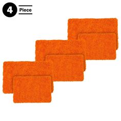 three pieces of orange bathroom rugs on a white background with the words, place