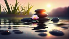 a lotus flower sitting on top of rocks in the water