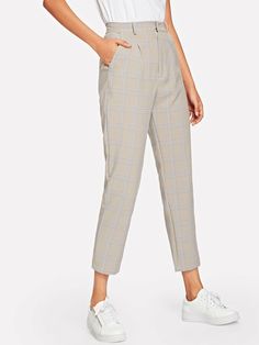 Plaid Pocket Side Pants [pants180822373] - $24.00 : moonbaye.com Side Pants, Mid Waist Pants, Formal Pants, Fall Jeans, Blouse Pants, Fancy Pants, Loose Blouse, Ankle Length Pants, Plaid Pants