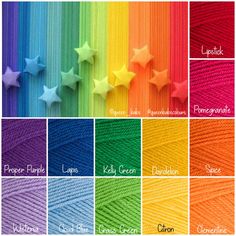 different colors of yarn with stars in the middle and on each color wheel, which is labeled