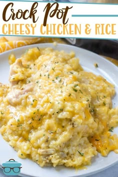 crock pot cheesy chicken and rice on a white plate with text overlay