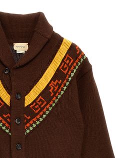 Wool cardigan with jacquard detail, button closure, and long cuffed sleeves. Composition: 100% wool Guccio Gucci, Kenzo Kids, Prada Leather, Stella Mccartney Kids, Cardigan Tops, Wool Cardigan, Italian Fashion, Cuff Sleeves, Stylish Men