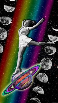 a girl is flying through the air with her arms in the air and planets around her