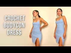 a woman in a blue dress with the words crochet bodycon dress