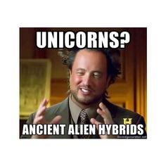 a man in a suit and tie holding his hands up with the caption unicorns? ancient alien hybrid birds