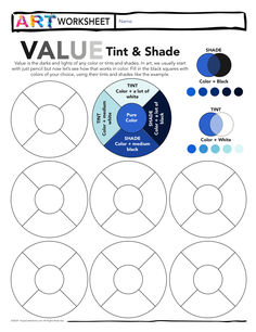 the art worksheet value tint and shade is shown in blue, black and white