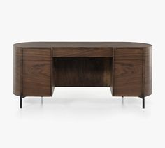 an oval shaped wooden desk with black legs and a dark wood finish on the top