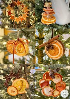 orange slices are hanging from a christmas tree with cinnamons and star ornaments on them