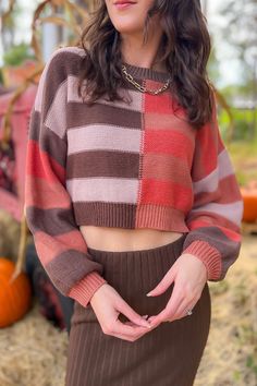 Terracotta Long Sleeve Color Block Striped Sweater-Tops-Le Lis-L. Mae Boutique & Wild Mabel Clothing Versatile Sweater, Purple And Brown, Chic Aesthetic, Color Block Sweater, Fall Sweaters, Striped Sweater, Fall Wardrobe, Fashion Essentials, Stripe Sweater