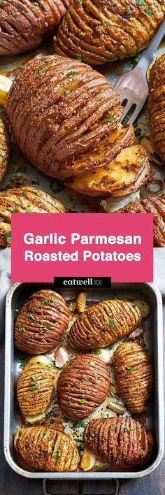 garlic parmesan roasted potatoes in a baking pan with text overlay that reads garlic parmesan roasted potatoes