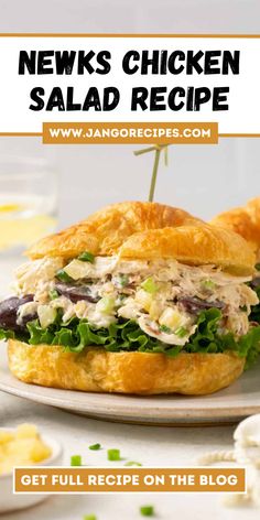 a chicken salad sandwich with lettuce on the side and text overlay reads news chicken salad recipe get full recipe on the blog