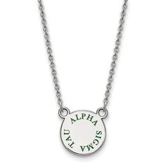 Show your greek life spirit with this Alpha Sigma Tau Sorority necklace. It is crafted with rhodium plated sterling silver and is 18 Inches in length. The pendant is 12mm in width and 12mm in height (0.47 in x 0.47 in) and dangles from a 1.25mm wide cable chain. We are a certified Collegiate jewelry retailer and this authentic item is licensed by the Alpha Sigma Tau Sorority and Greek Life. This enameled pendant necklace is made the USA. Silver Link Necklace, Alpha Sigma Tau, Alpha Sigma, Trending Necklaces, Bow Jewelry, Initial Pendant Necklace, Enamel Necklaces, Disc Pendant, Greek Life