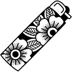 a black and white drawing of a skateboard with flowers on the bottom, it's design