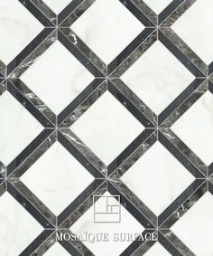 a white and black marble tile pattern with diamond shaped design on the bottom half of it