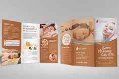 an open brochure with images of spas and massage products on the pages