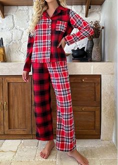 Color:Red;Size:S;Size:M;Size:L;Size:XL;Package Contents:1xLounge Top , 1 X Pants; Lapel Top, Christmas Pjs, Plaid Pajamas, Flannel Pajamas, Sleepwear Sets, Elastic Waist Pants, Plaid Fashion, Loungewear Set, Pyjama Set