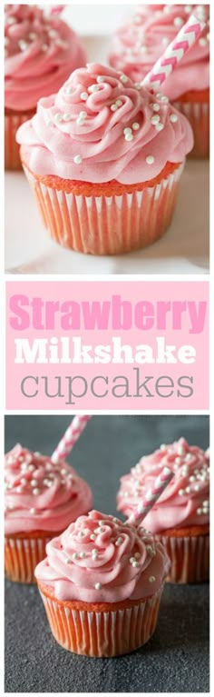 strawberry cupcakes with pink frosting and sprinkles