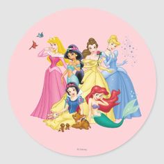 the disney princesses sticker is shown on a pink background