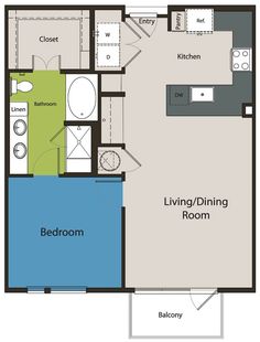 the floor plan for a two bedroom apartment with an attached kitchen and living room area