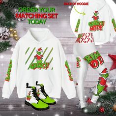 Grinch Mode Matching Set, Christmas Hoodie, Yoga Pants, Custom Boots, For Her, Christmas Gift, Trending, Best Etsy Seller, Rare Item UNISEX HOODIE DETAILS .: Made with a medium-heavy fabric (8.0 oz/yd² (271 g/m that consists of 50% cotton and 50% polyester for that cozy feel and warmth you need in a hoodie. .: The classic fit along with the pouch pocket and the tear-away label make for a highly comfortable, scratch-free wearing experience.  .: The color-matched drawcord and the double-lined hood Pants Custom, Hoodie Details, Grinch Party, Custom Boots, Pants Details, Christmas Hoodie, Christmas Hoodies, The Pouch, Heavy Fabric