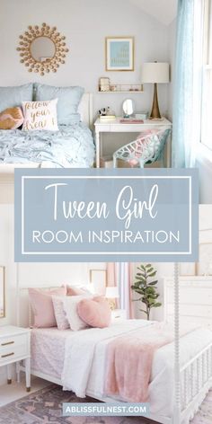 two girls's bedroom with pink and blue decor, including a white bed frame