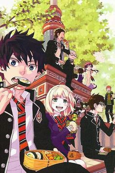 an anime poster with some people eating food