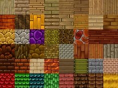 an assortment of different colored bricks and wood planks in various sizes, shapes and colors