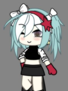 an anime character with blue hair and black clothes, holding a red star on her head