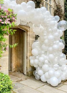 a bunch of balloons that are in front of a door and some plants on the ground