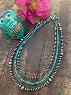 Navajo Pearls And Turquoise Necklace, 3 Strand Beaded Necklace, Cowgirl Lifestyle, Vintage Navajo Jewelry, Navajo Pearls, Navajo Style, Pearls Diy, Navajo Jewelry, End To End