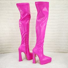 Stretch Pu Leather Stacked Pointy Toe Platform Flared Heel Brand New Measurement Shown Are Size 6.5 They Will Go Up As Sizes Do Pink High Heeled Knee-high Boots For Party, Pink Knee-high Heeled Boots For Winter, Pink Fitted High Heel Knee-high Boots, Trendy Pink Knee-high Boots For Fall, Pink Knee-high Boots For Fall, Pink Heeled Party Boots, Fitted Pink Knee-high High Heel Boots, Pink Fitted Heeled Boots For Party, Fitted Pink Heeled Boots For Party